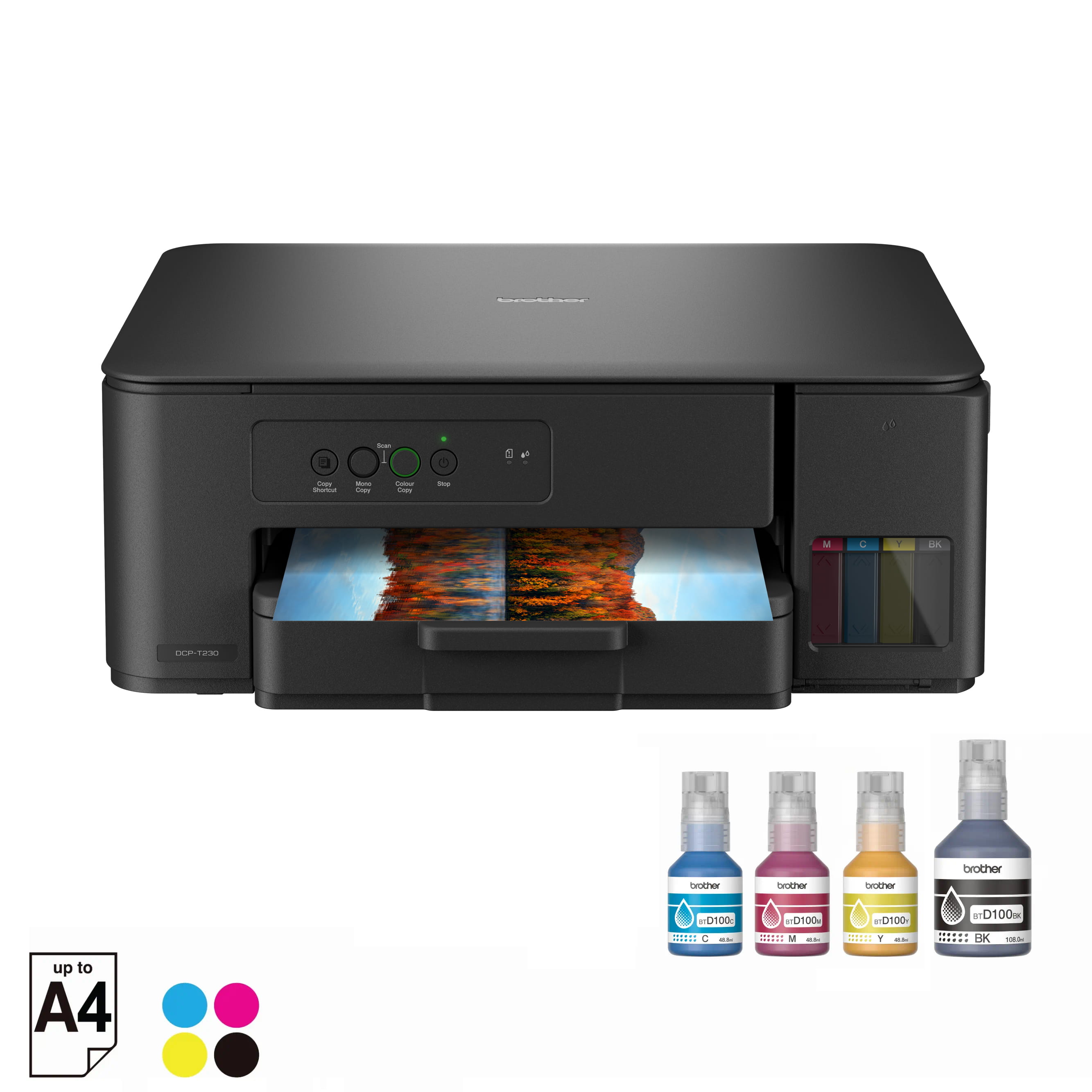 Brother DCP-T230 Ink Tank Printer With Ink Bottles Front View