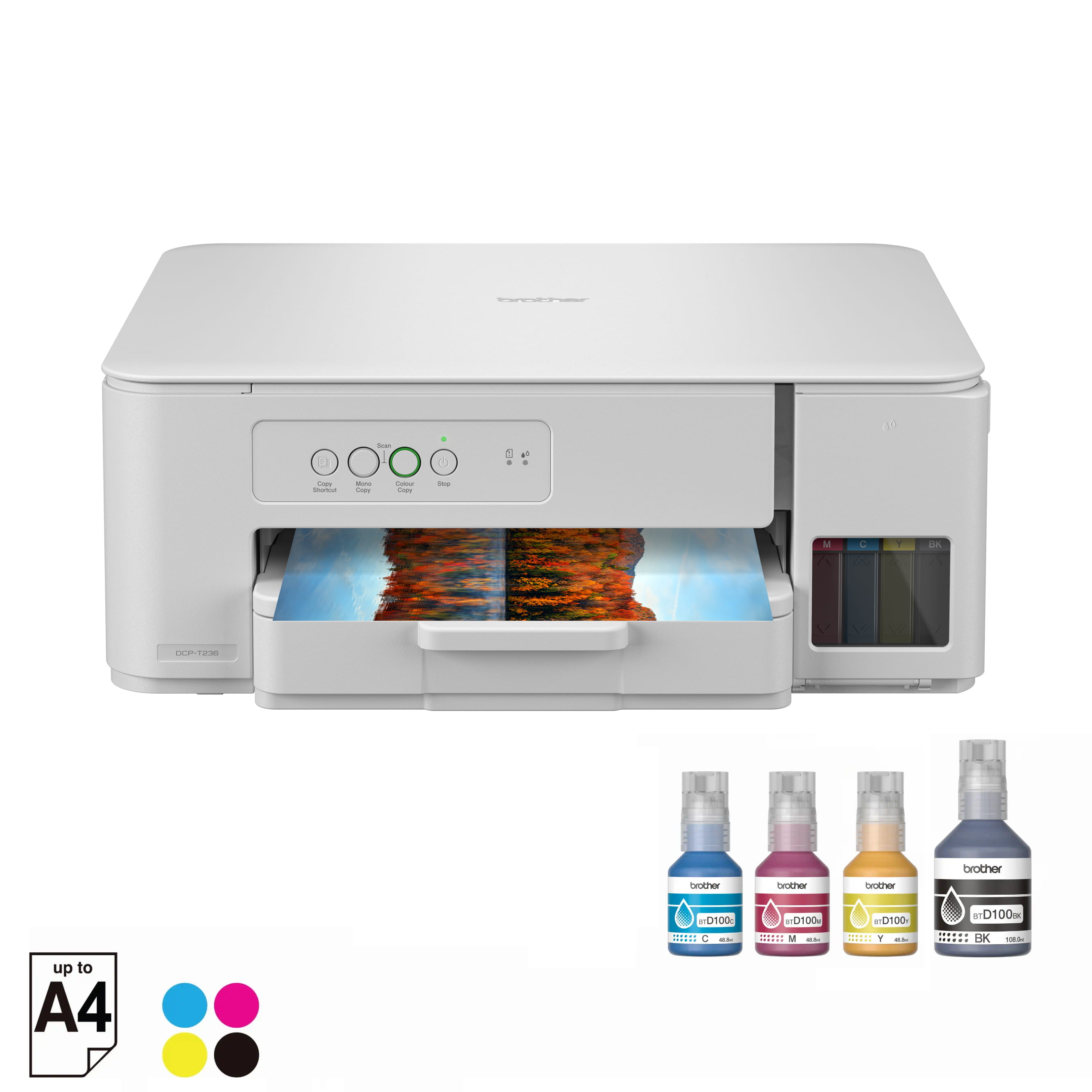 Brother DCP-T236 Ink Tank Printer With Ink Bottles Front View