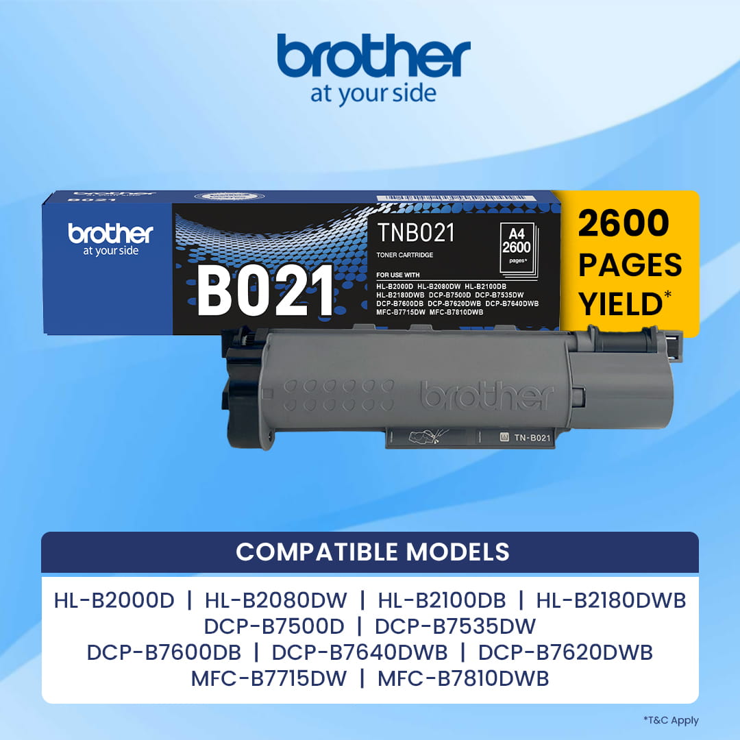 TN-B021 Original Genuine Toner Cartridge Compatible Printer Models - HL-B2000D, HL-B2080DW, HL-B2100DB, HL-B2180DWB, DCP-B7535DW, DCP-B7500D, MFC-B7715DW, MFC-B7810DWB, DCP-B7620DWB, DCP-B7640DWB, DCP-B7600DB.