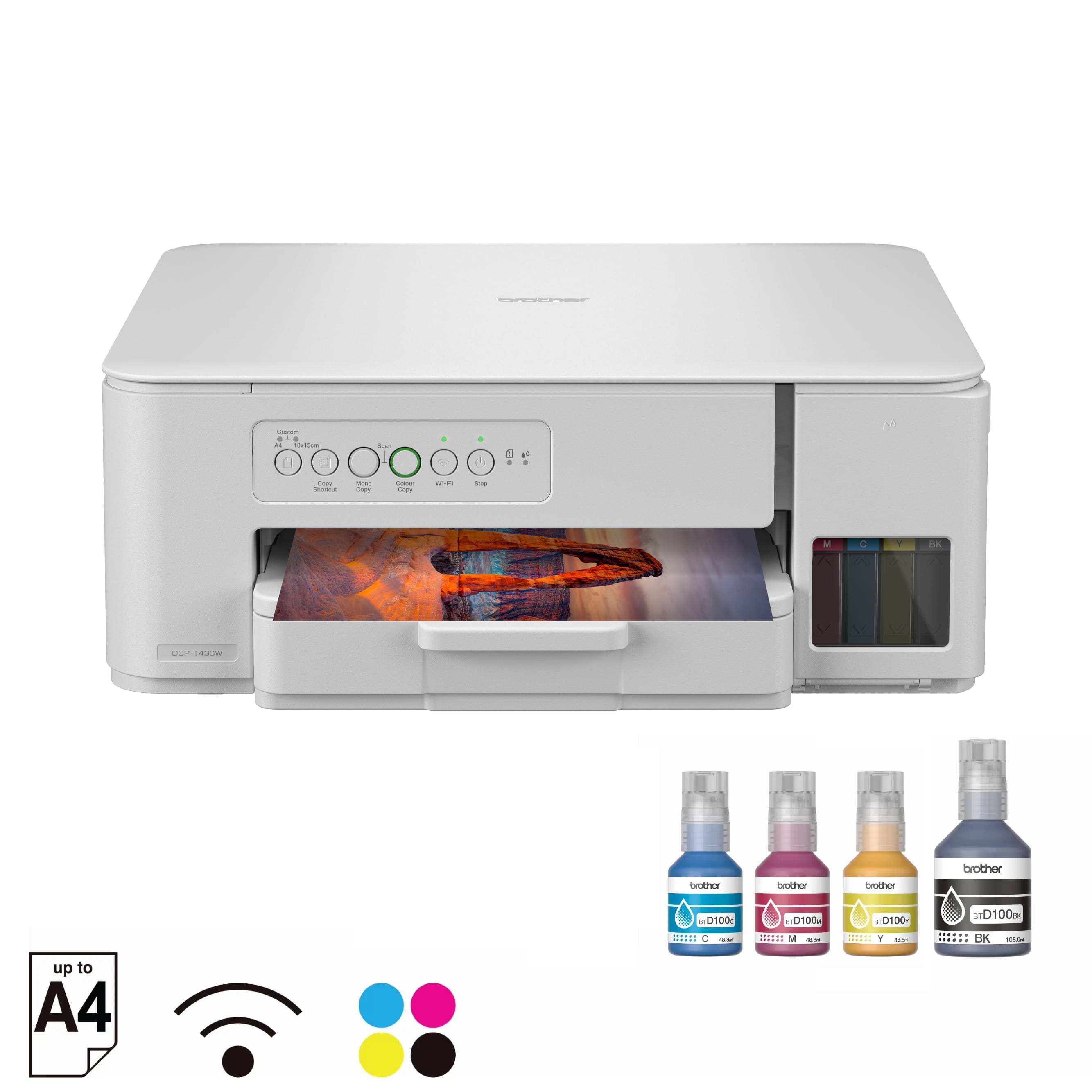 Brother DCP-T436W Ink Tank Printer With Ink Bottles Front View