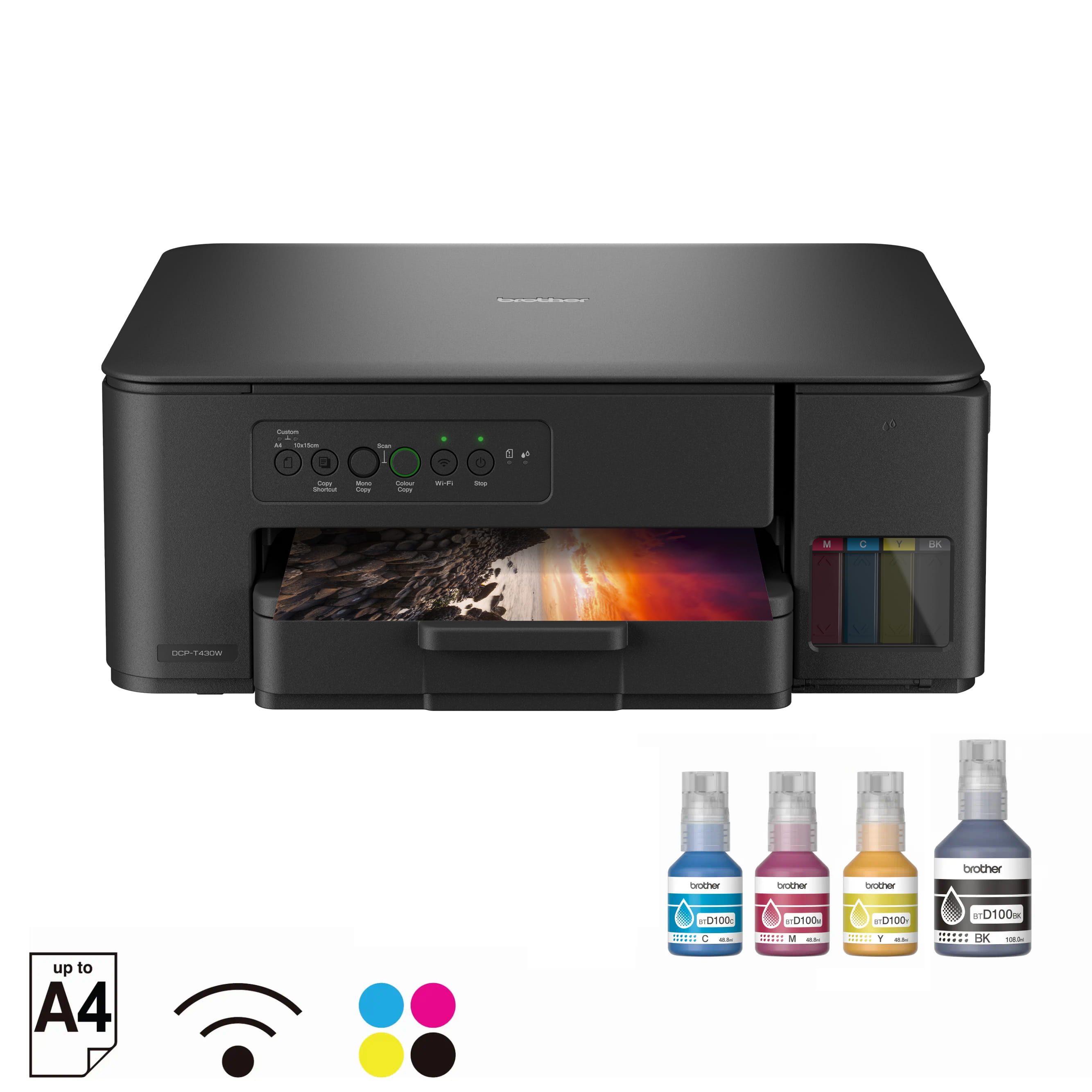 Brother DCP-T430W Ink Tank Printer With Ink Bottles Front View