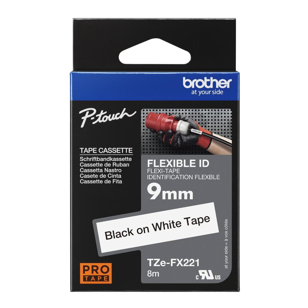 Brother Genuine TZe-FX Flexible-ID labelling tape - Black on White 9mm