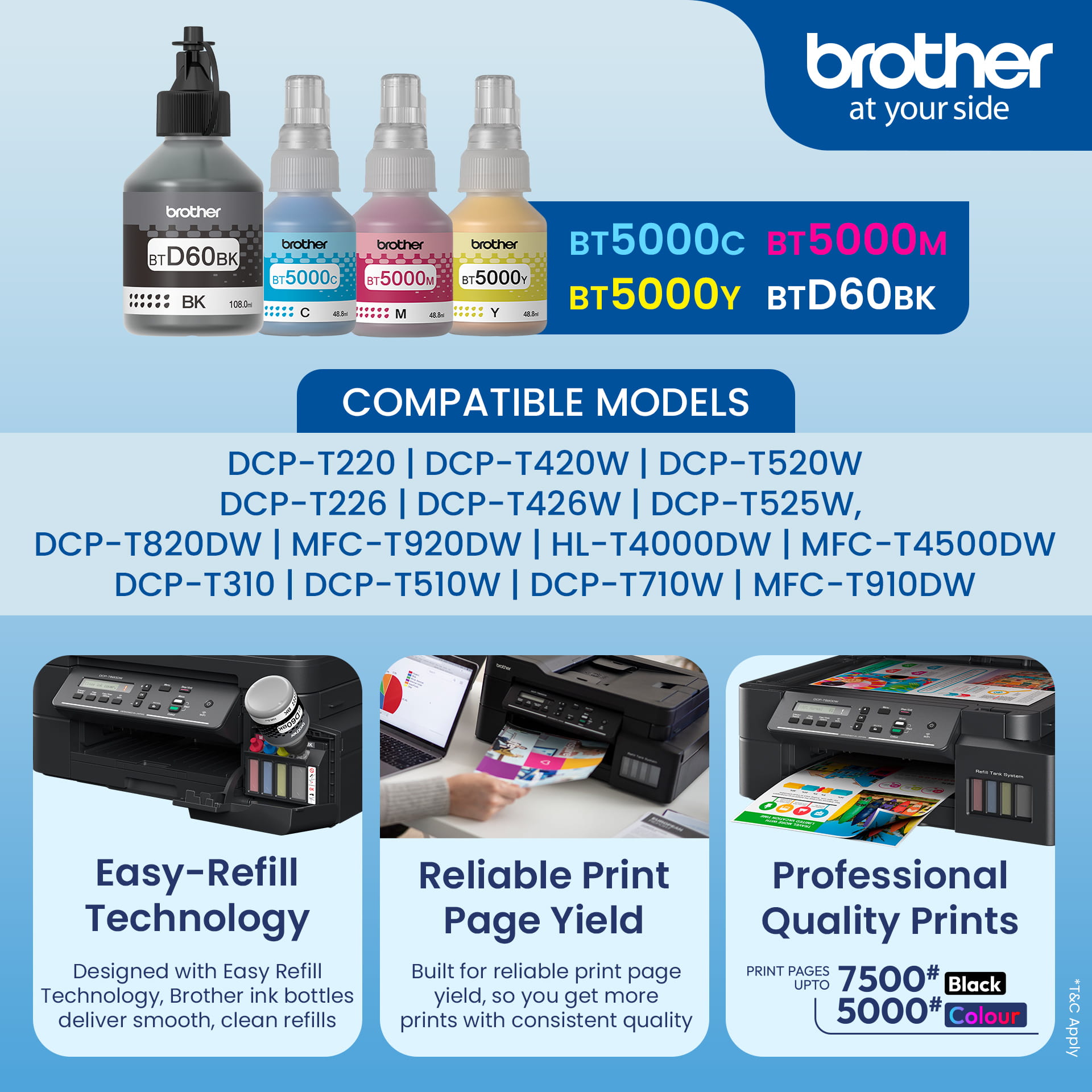 Brother Genuine Ink Bottles for  DCP-T220, DCP-T420W, DCP-T520W, DCP-T226, DCP-T426W, DCP-T525W, DCP-T820DW, MFC-T920DW, HL-T4000DW, MFC-T4500DW, DCP-T310, DCP-T510W, DCP-T710W, MFC-T910DW.