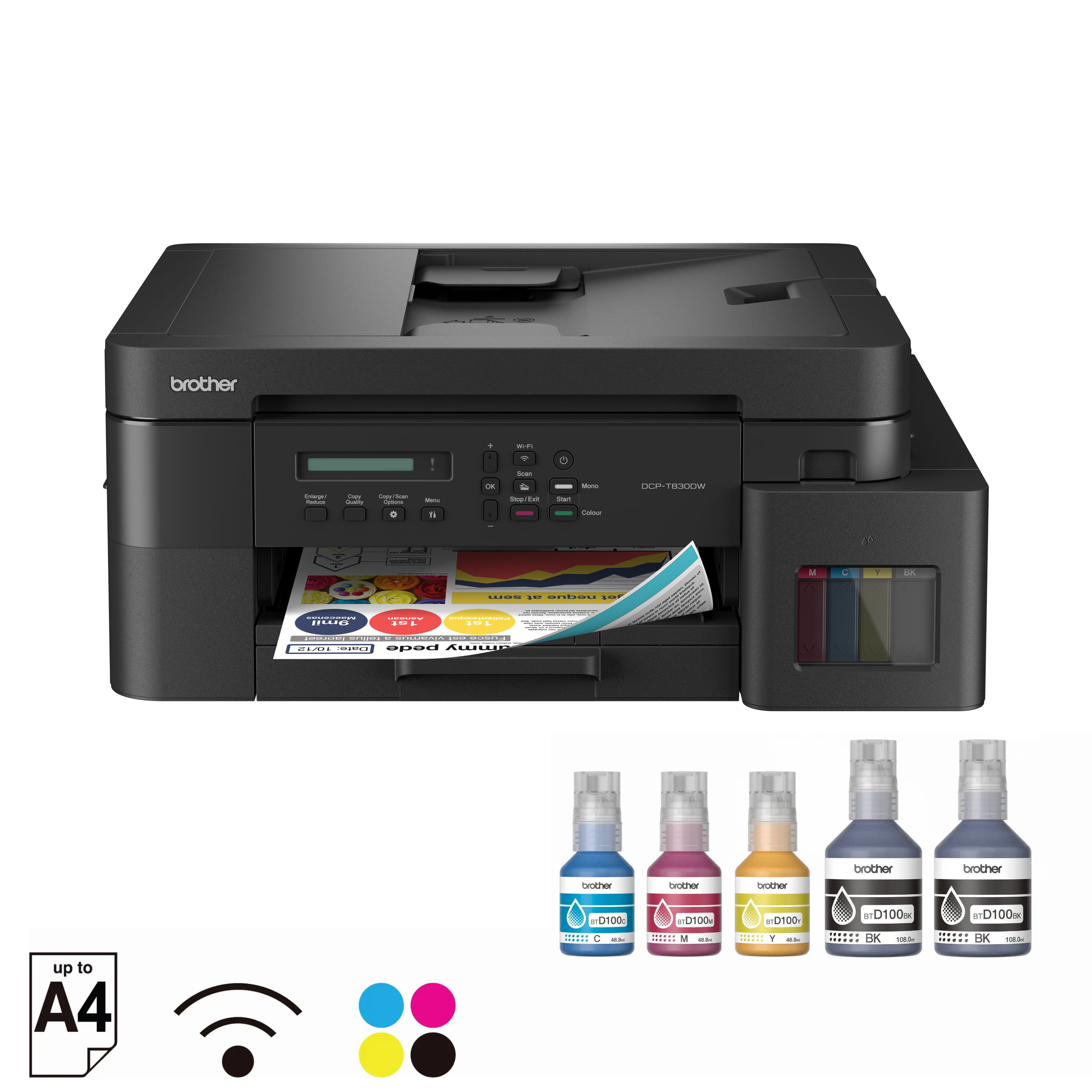 Brother DCP-T830DW Ink Tank Printer With Ink Bottles Front View