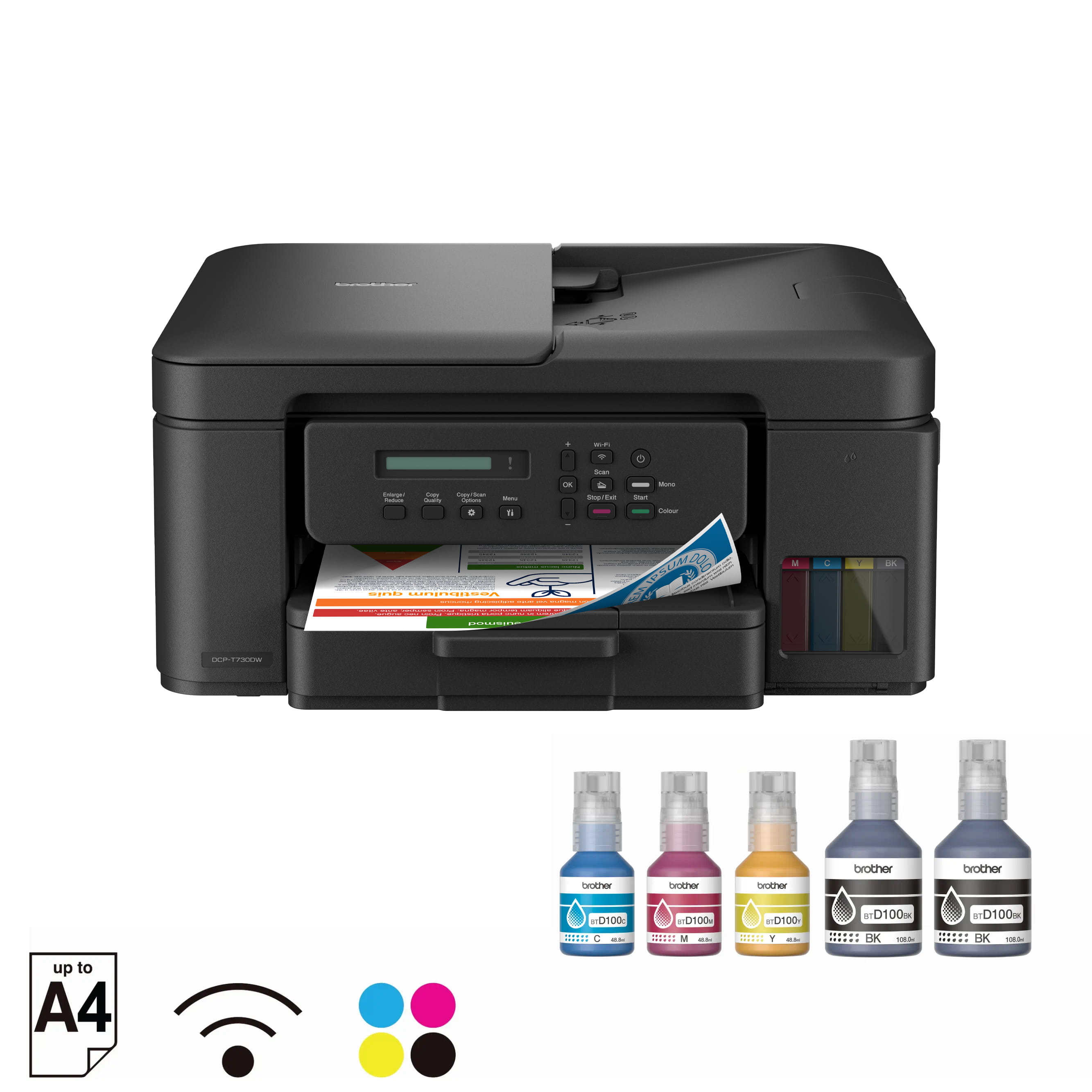 Brother DCP-T730DW Ink Tank Printer With Ink Bottles Front View